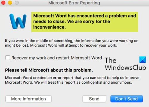 Word ha riscontrato un problema e deve essere chiuso su Mac