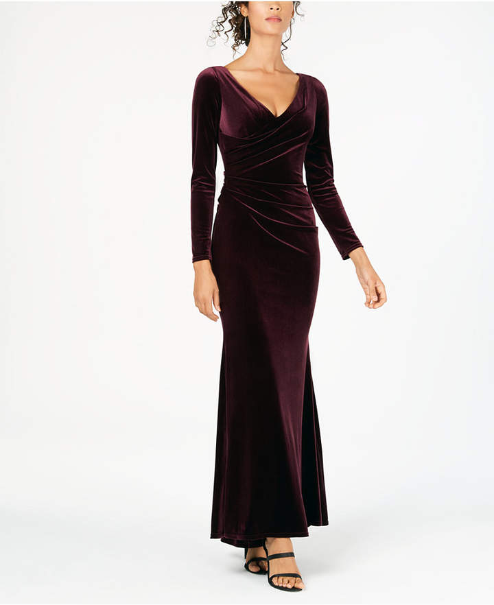 Vince Camuto Long-Sleeve Draped Velvet Gown
