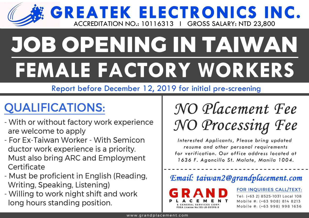 Greatek Electronics Inc. is now looking for Female Factory Workers No