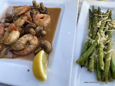 shrimp scampi + fresh asparagus at entrance to Moonstone Beach Bar & Grill in Cambria, California