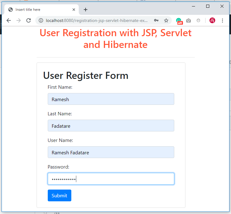 Hibernate Registration Form Example with JSP, Servlet, MySQL