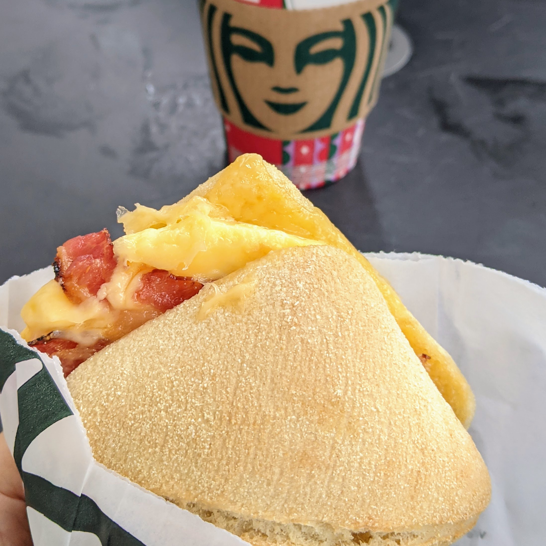 Smooch Food Bacon, Gouda, and Egg Sandwich for breakfast at Starbucks