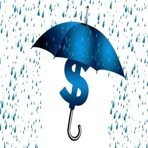 imagem em desenho de um guarda chuva azul em fundo branco com chuva caindo com pingos também na cor azul clara e no cabo do guarda chuva o simbolo do dinheiro representando texto sobre consignação de aluguel