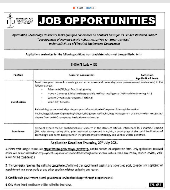 Information Technology University Lahore Jobs Advertisement 2021