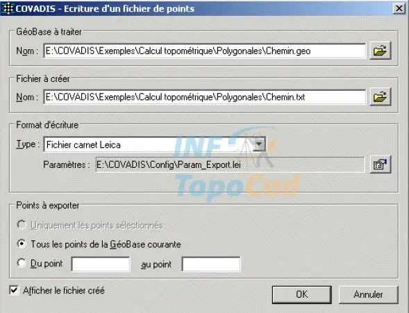 Formation, Covadis, Exportations, coordonnées, calculées, éditeur de GéoBases, Exportation carnet, menu Cov.Calculs, fichier avec séparateur, fichier colonné, format Topojis, format Wild Leica, format Sokkia, Geotronics, Spectra Precision, topographie terrain, carnet