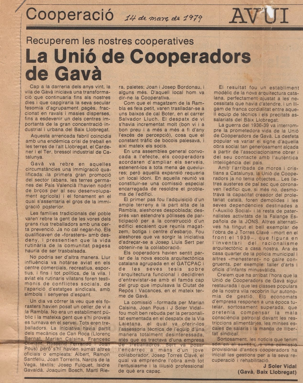 Article inici de la campanya per la recuperació de la Unió de Cooperadors