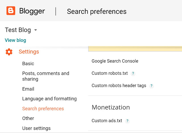 Search preferences settings in Blogger