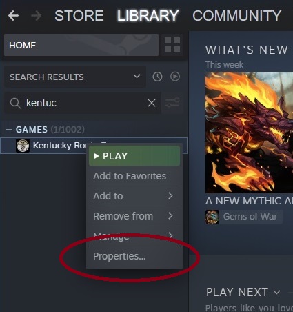 Screenshot of Properties link after right-clicking on Kentucky Route Zero in Steam Library