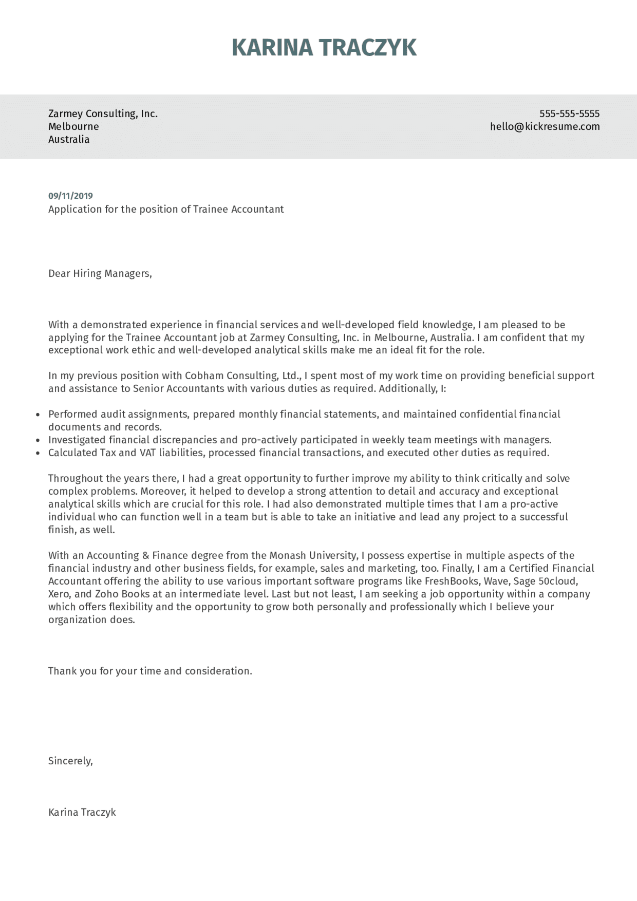 Cover Letter For Trainee Accountant Position Sample Letter