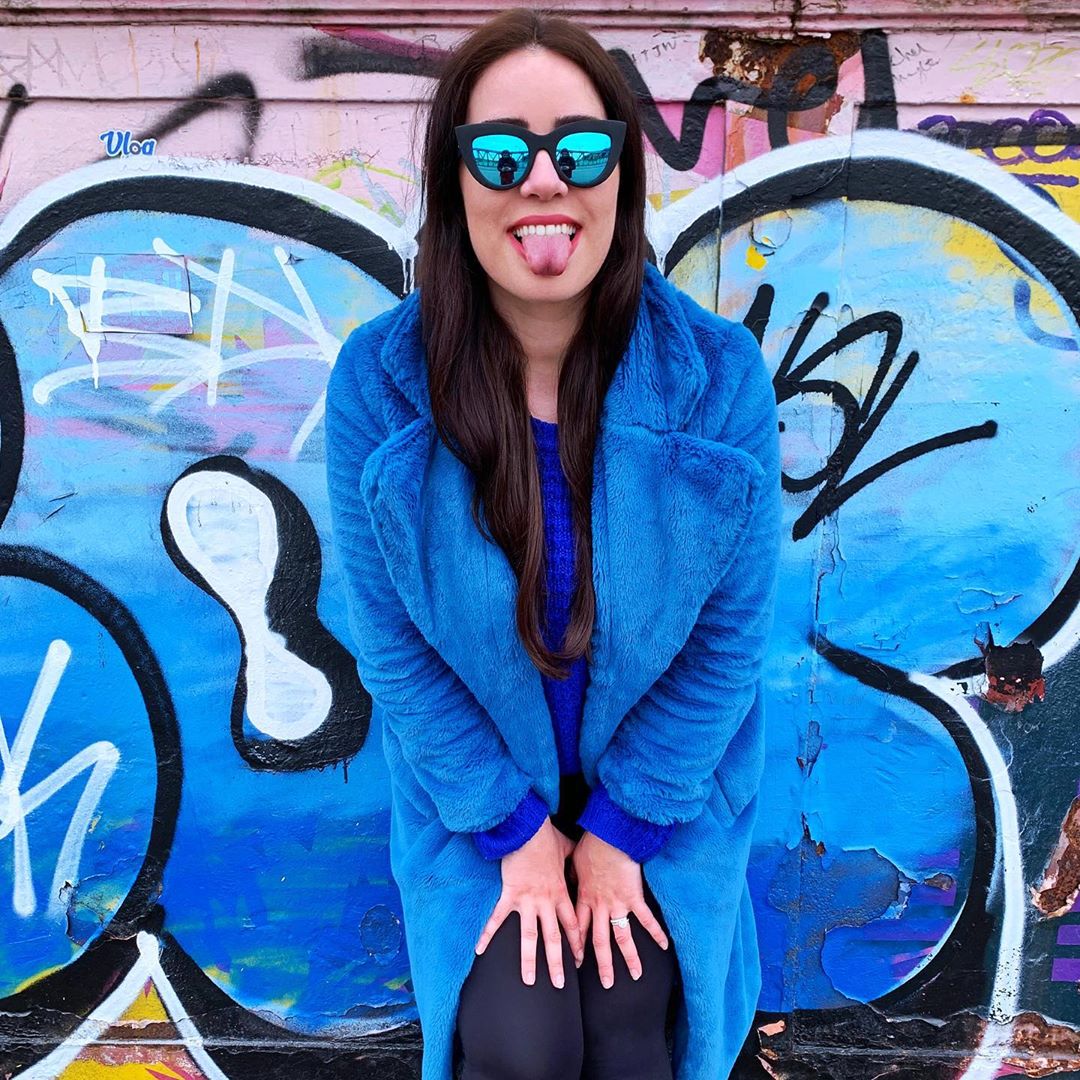 Blue fur coat and blue Quay Australia sunglasses, Primrose Hill bridge #InstaRainbowChallenge - Emma Louise Layla London style blog