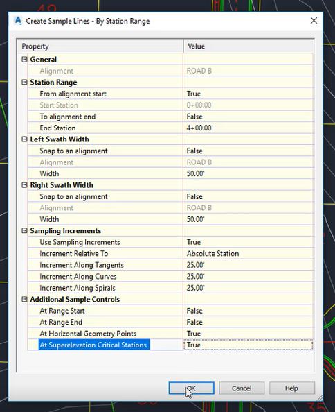 Create sample lines by station range in Autodesk Civil 3D