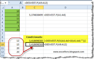 La función DESVEST.P sujeta a una condición en Excel.