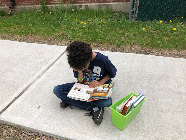 kid reading on sidewalk