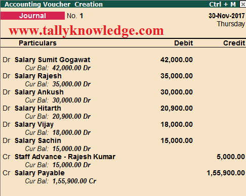 salary payable entry tally journal voucher pass advance staff erp vouchers example through