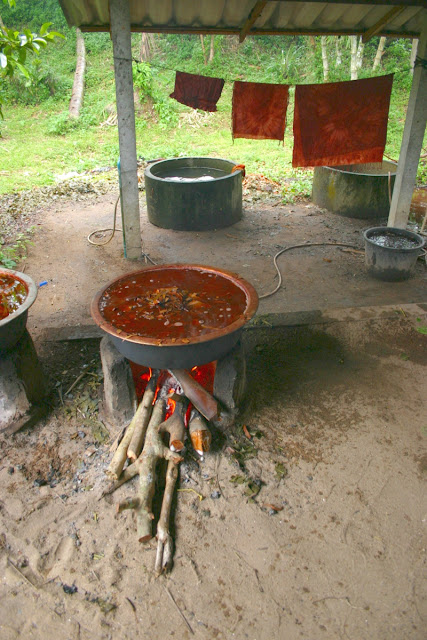 Making the dyes from natural plants  and cooking them over outside fires
