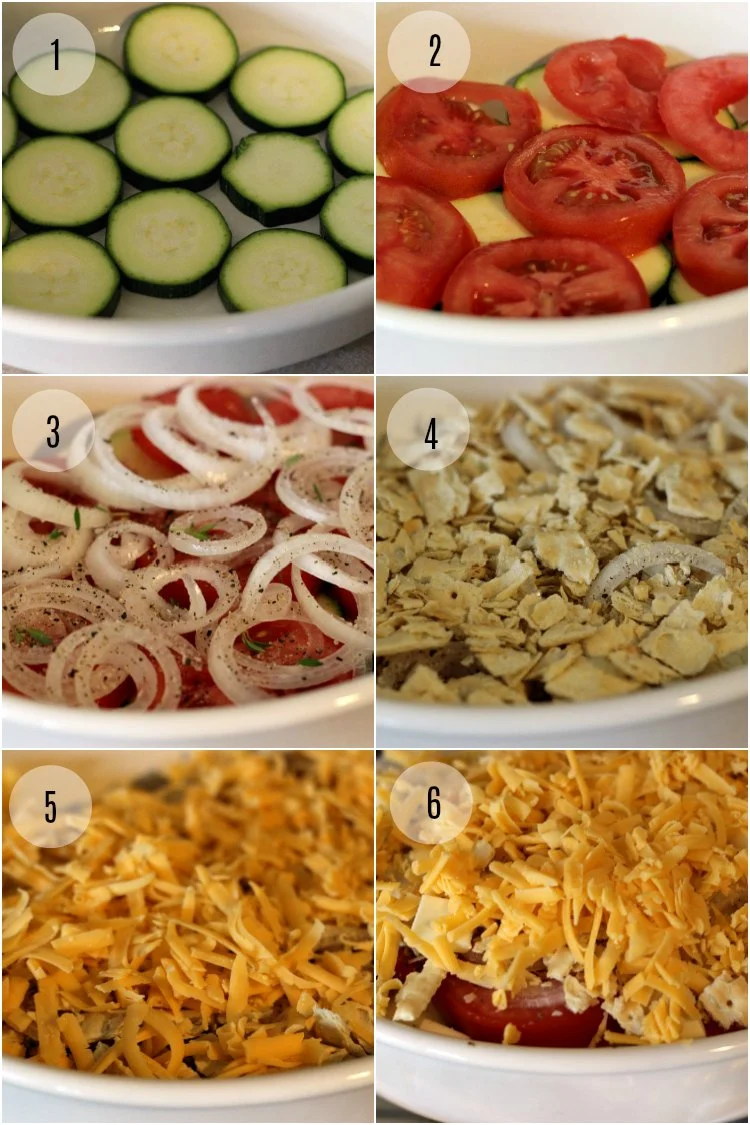 Step by Step tutorial of assembly for Zucchini Casserole by Renee's Kitchen Adventures with six images.