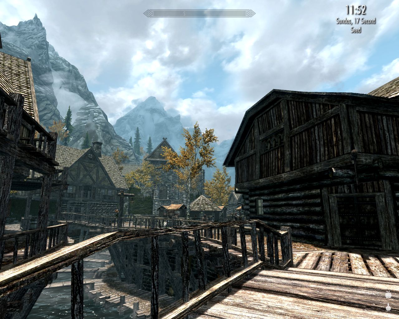 view from the bridge that leads to the Riften inn, some of the canal visible, very beautiful nature