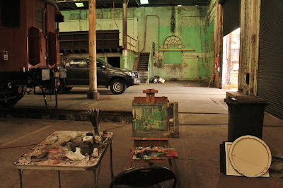 Plein air oil painting of interior of the Heritage Store, North Eveleigh, Historic Electric Traction painted by industrial heritage artist Jane Bennett