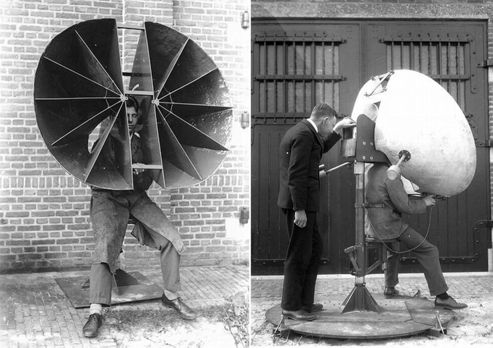 Dutch personal horns: 1930s. This design no doubt had more gain, thanks to its greater area. It swivelled on the post behind the operator. On the right, a later version of the design on the left. Note the extra cross-bracing added at the top of the horns. There are two counter-weights sticking out towards the rear. Rubber rings cushioned the operator's ears.