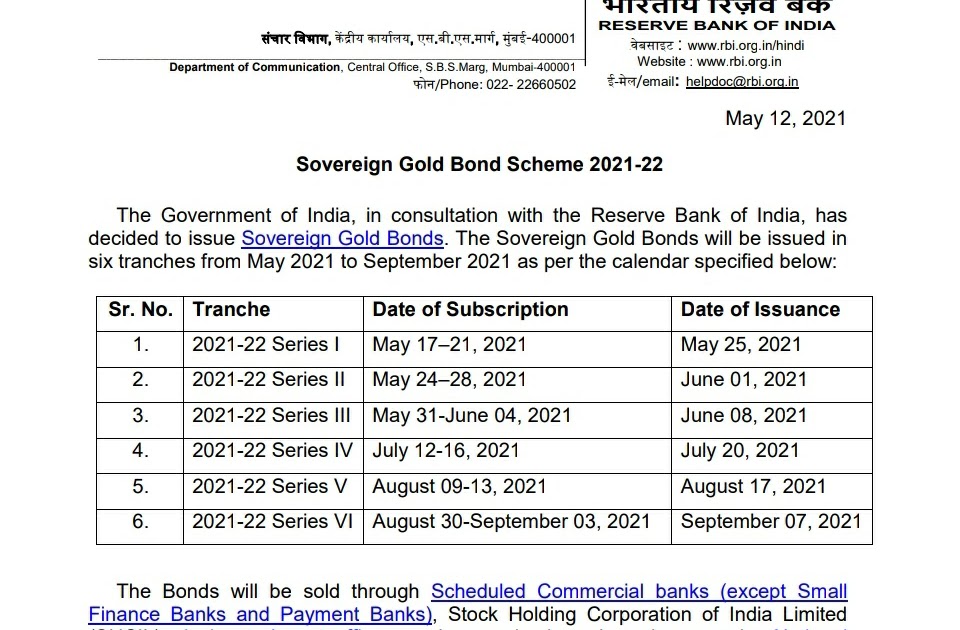 RBI Announce Sovereign Gold Bond Scheme 202122 Schedule for Six