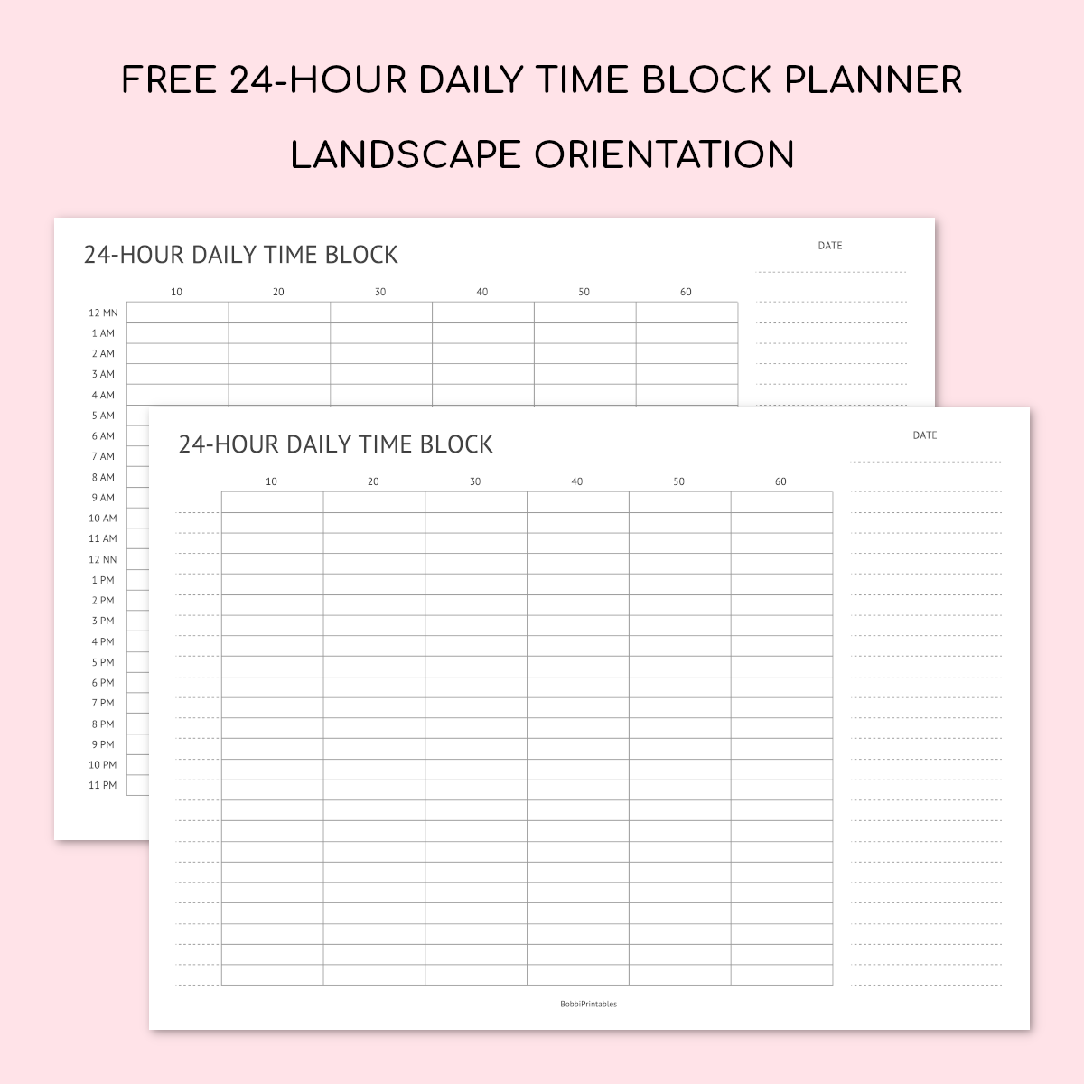 Printable 24-Hour Daily Time Block Schedule Planner - Landscape Orientation