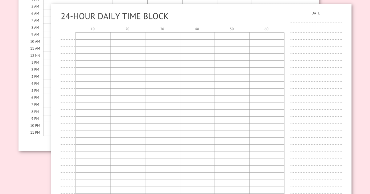 Printable 24-Hour Daily Time Block Schedule Planner - Landscape Orientation