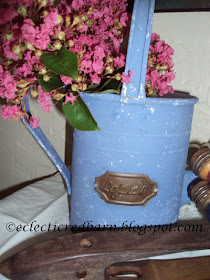 Eclectic Red Barn: Blue painted watering can with added white paint