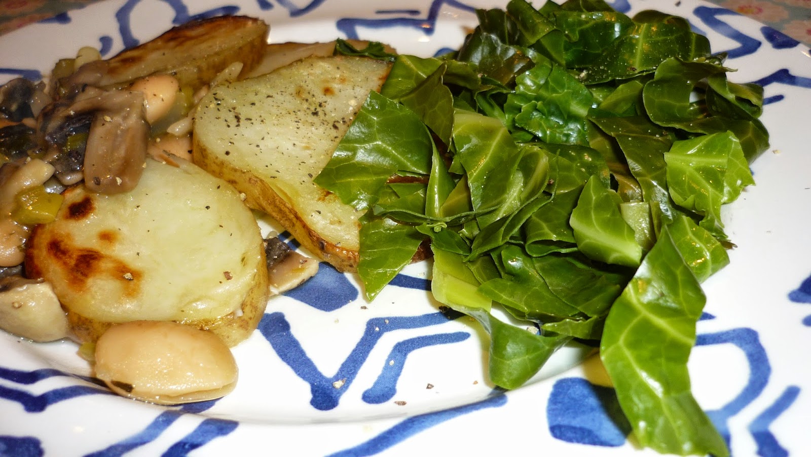 Kitchen Fairies Butter bean, leek and mushroom hotpot with spring greens