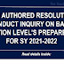 SOLON AUTHORED RESOLUTION TO CONDUCT INQUIRY ON BASIC EDUCATION LEVEL’S PREPAREDNESS FOR SY 2021-2022