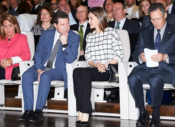 Queen Letizia of Spain attended the Red Cross World Day in Albacete. Queen Letizia wore Designer Remix top, Hugo Boss Trouser, Magrit Pumps