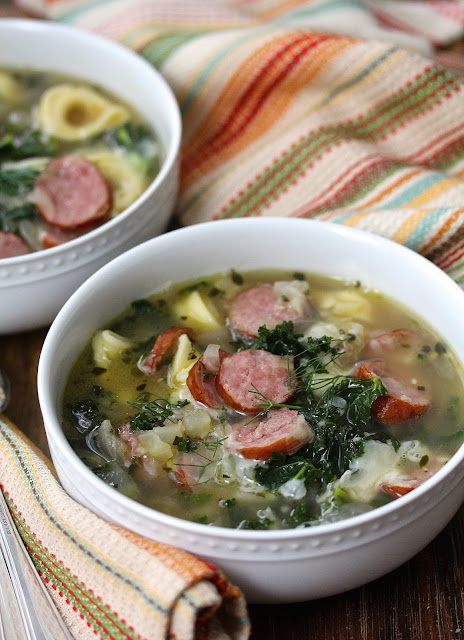 Cheese Tortellini Soup with Kielbasa, Kale, and Cannellini 