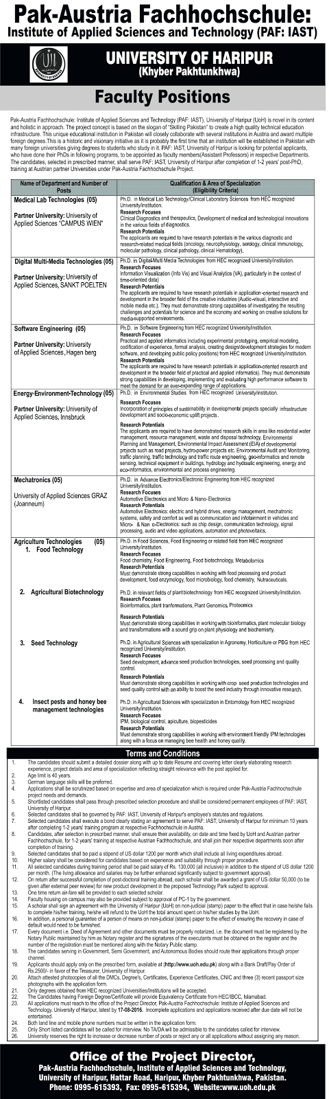 Xplore Scholarships Faculty Positions Pak Austria Fachhochschule Project University Of Haripur Pakistan