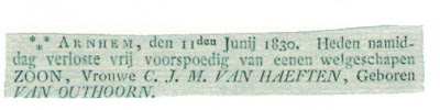 Geboorteadvertentie van Adriaan Cornelis van Haeften