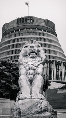 Lion statue in front of the Beehive, Wellington, New Zealand