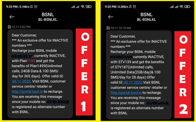 Special BSNL Recharge Offers for Prepaid inactive mobile numbers in GP2?