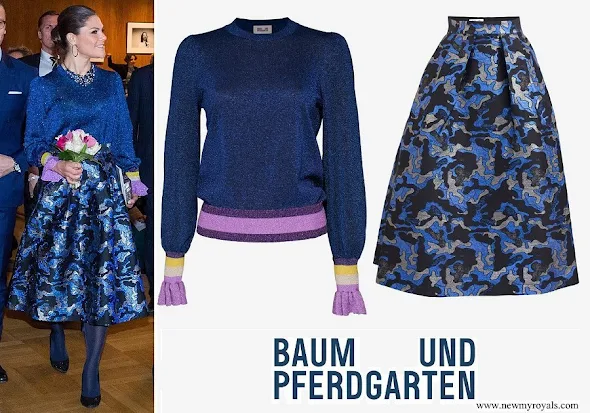 Crown Princess Victoria wore Baum und Pferdgarten Charissa blouse and Sashenka Jacquard midi skirt