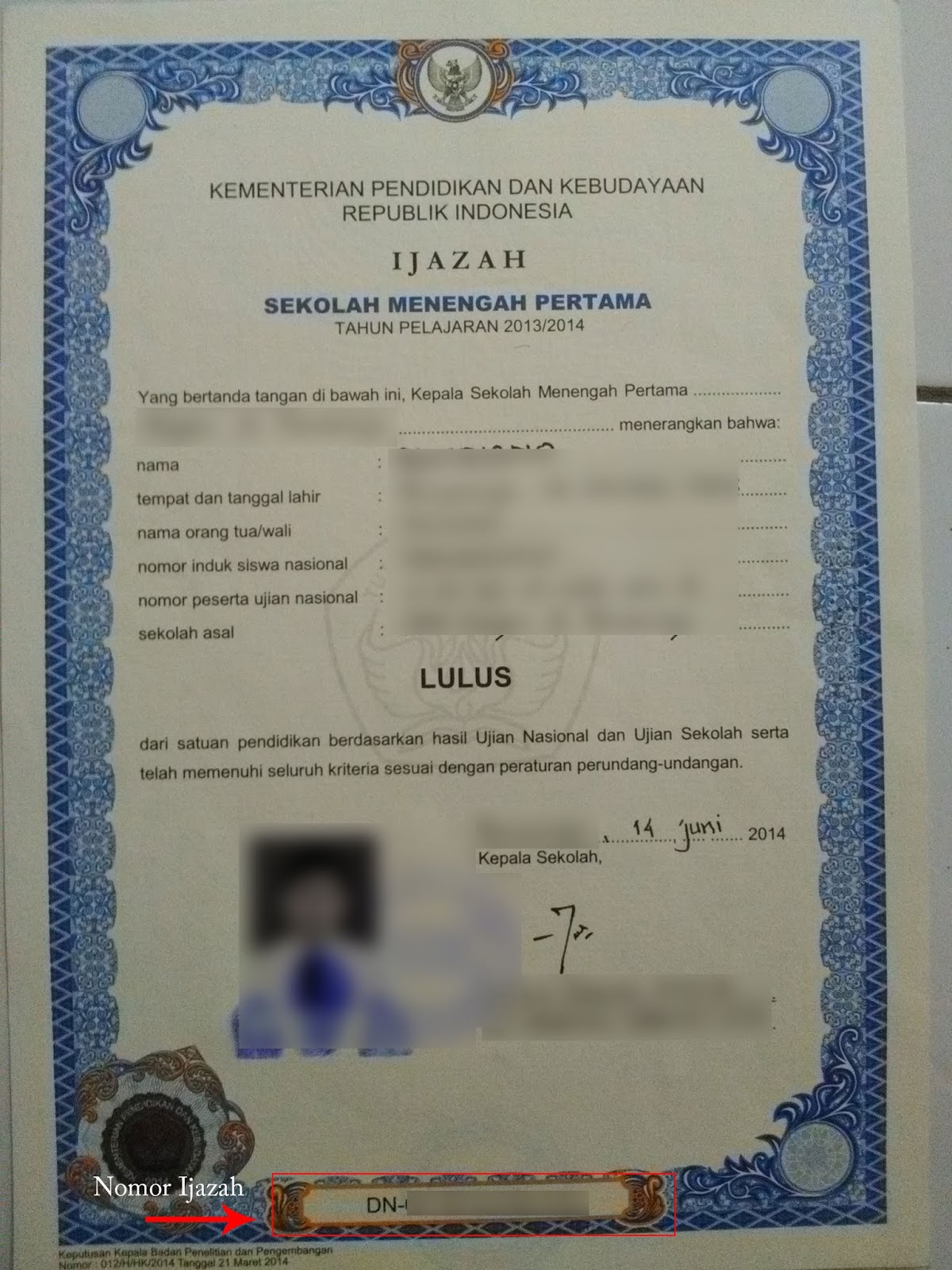 Letak Nomor Ijazah SD, SMP, SMK/SMA/Sederajat Serta Arti 