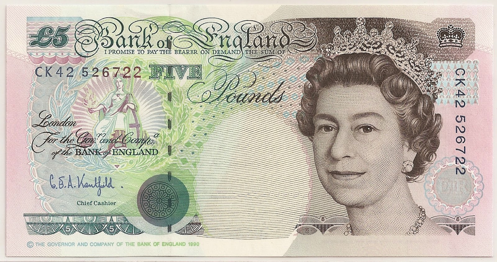 A Five Pound U.K. Banknote issued by the Bank of England in 1990 (since wit...