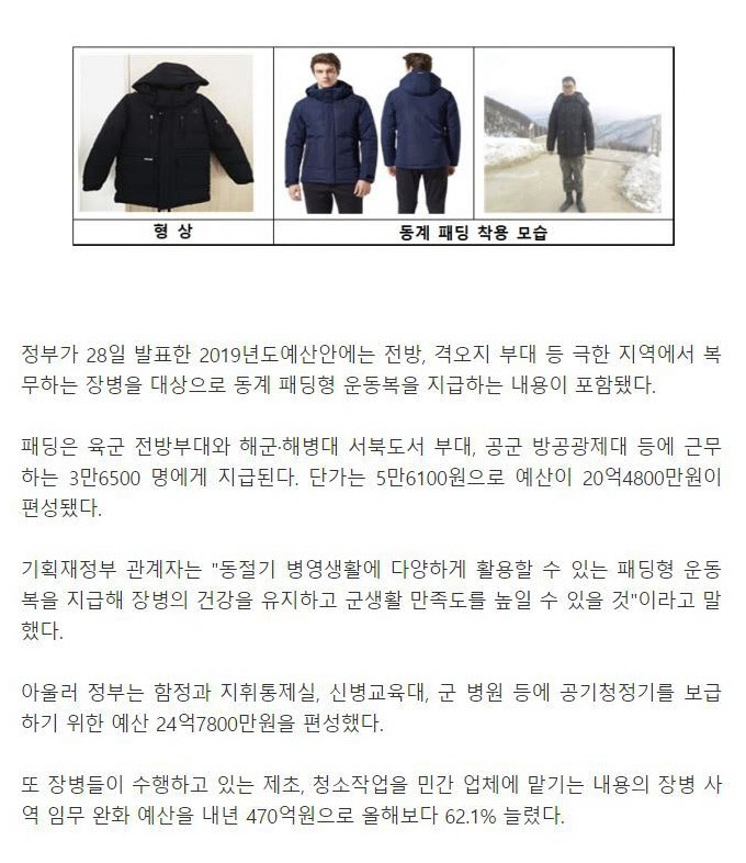 전방 군인들에게 깔깔이+야상 대신 패딩