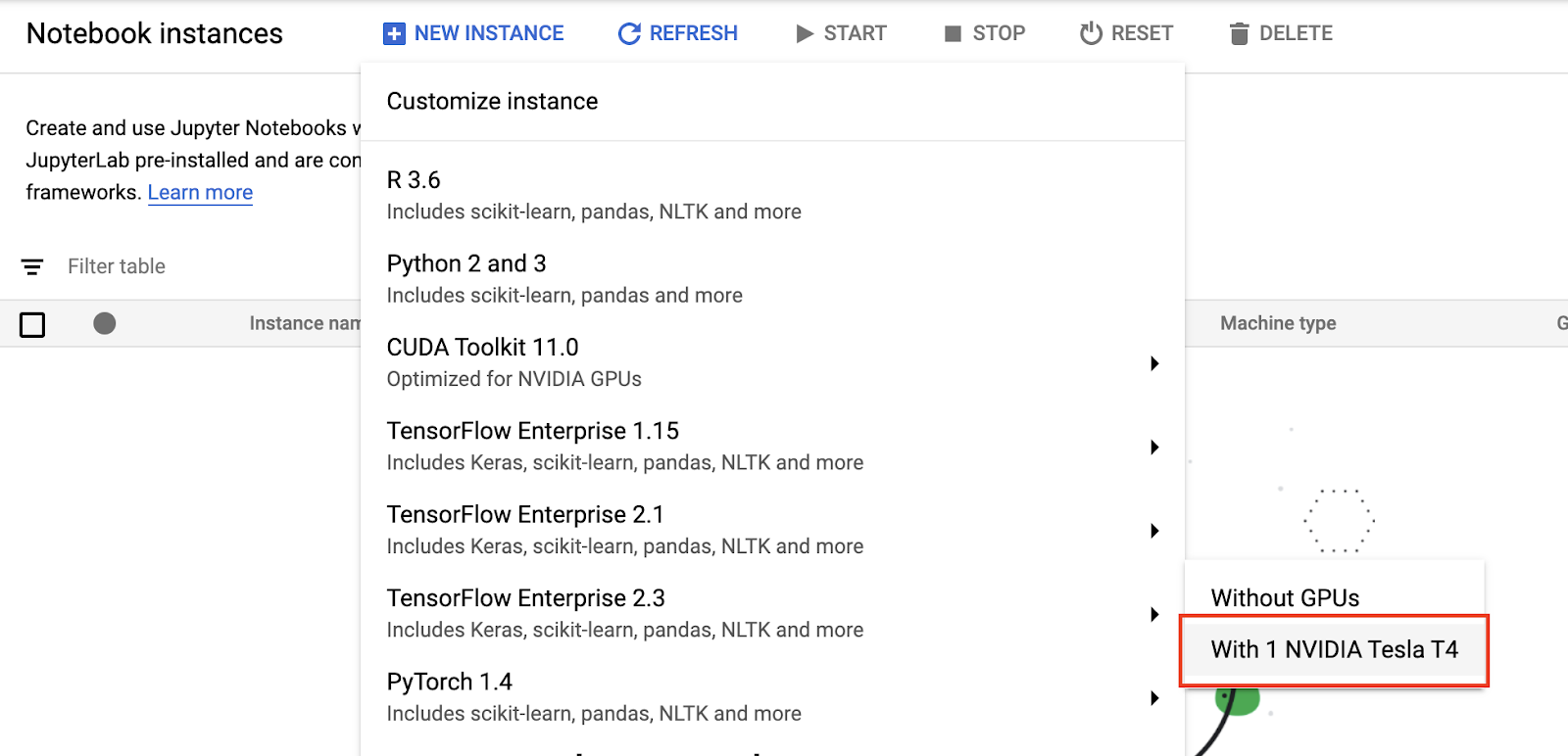 UI showing where to find New Instance