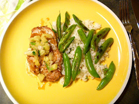 A light and tropical flavored dish of Pineapple Pork Chops with Snap Peas and Jasmine Rice.  Perfect for a summer weeknight meal. - Slice of Southern