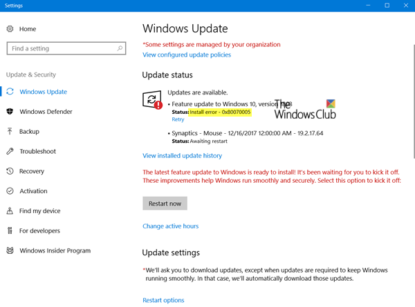 ข้อผิดพลาดในการติดตั้ง Windows Update 0x80070005