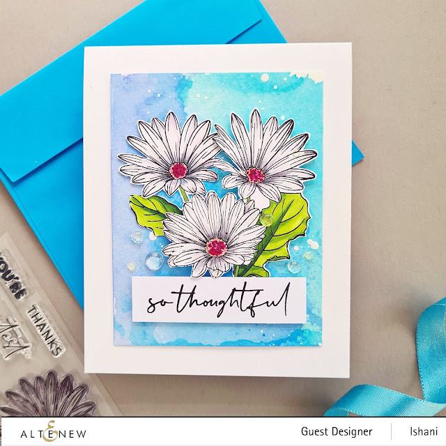 White Daisy card, Altenew Paint a flower - African Daisy, Daisy card, CAS floral card, watercolored background daisies, Copic colored white daisies, Ink smooshing, Guest designer Ishani, Altenew floral stamps, Quillish