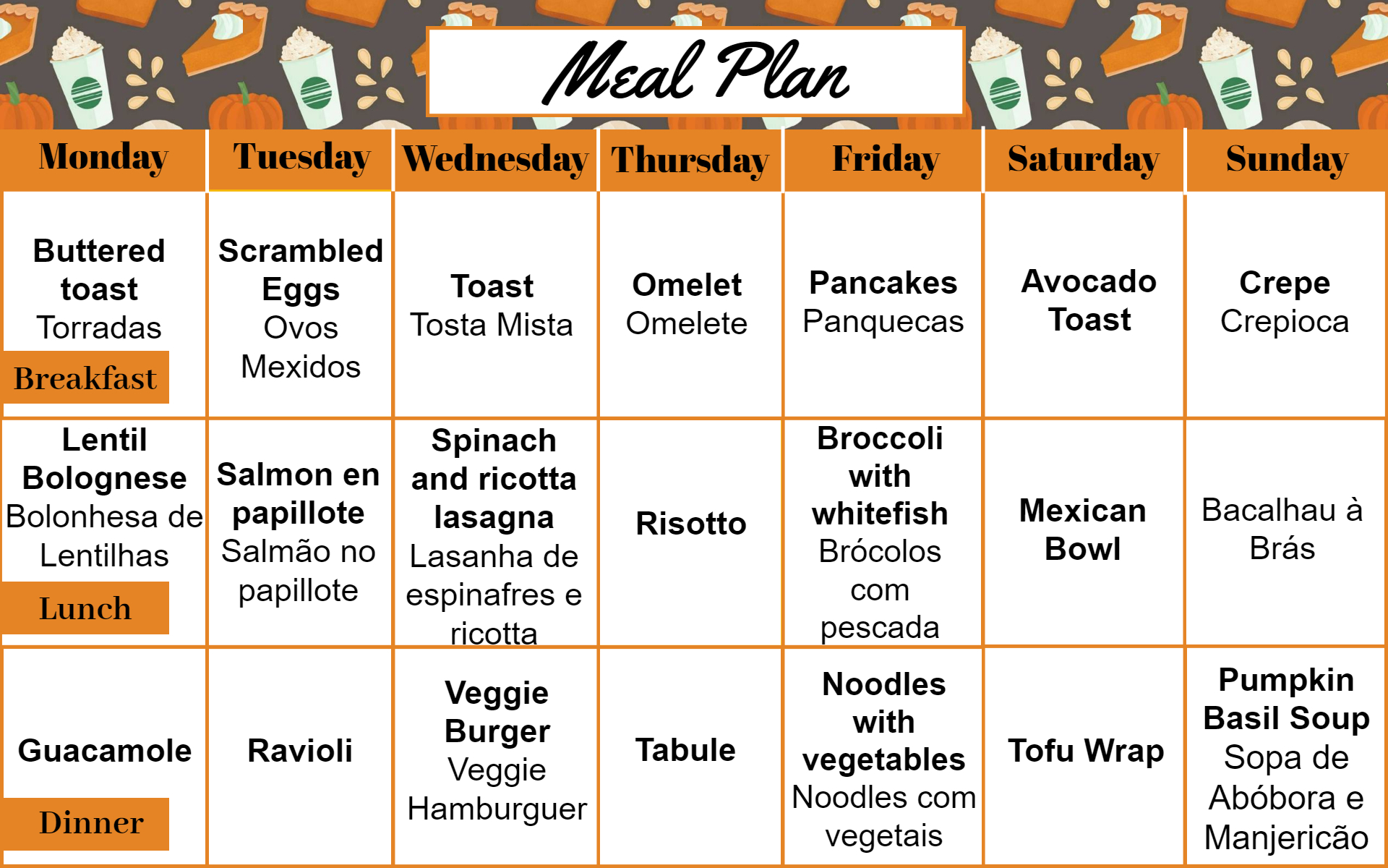 Weekly ''MEATLESS meals'' plan Be Brave.