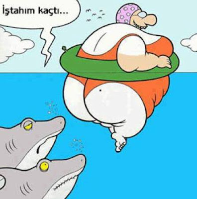 İştahım kaçtı diyen köpek balığının komik karikatürü