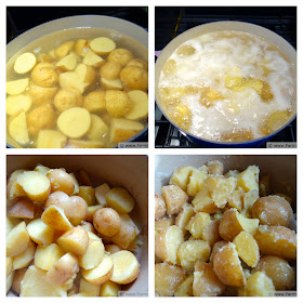 collage image showing cubed yukon gold potatoes cooking in water, then drained and mixed with melted butter 