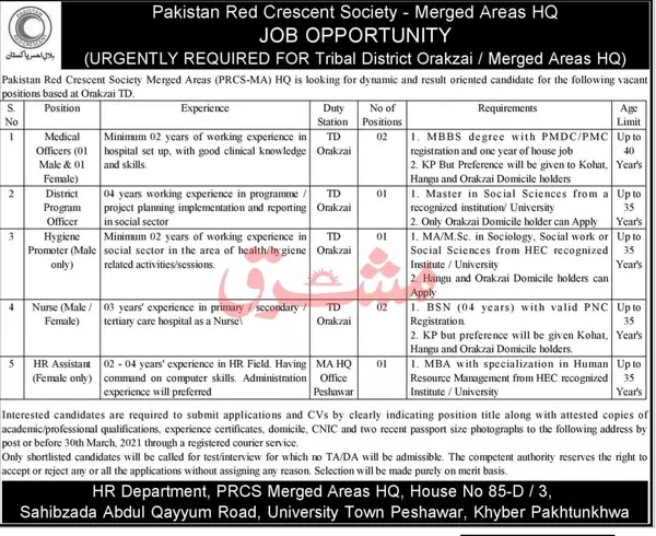 Medical Jobs | Pakistan Red Crescent Society 2021