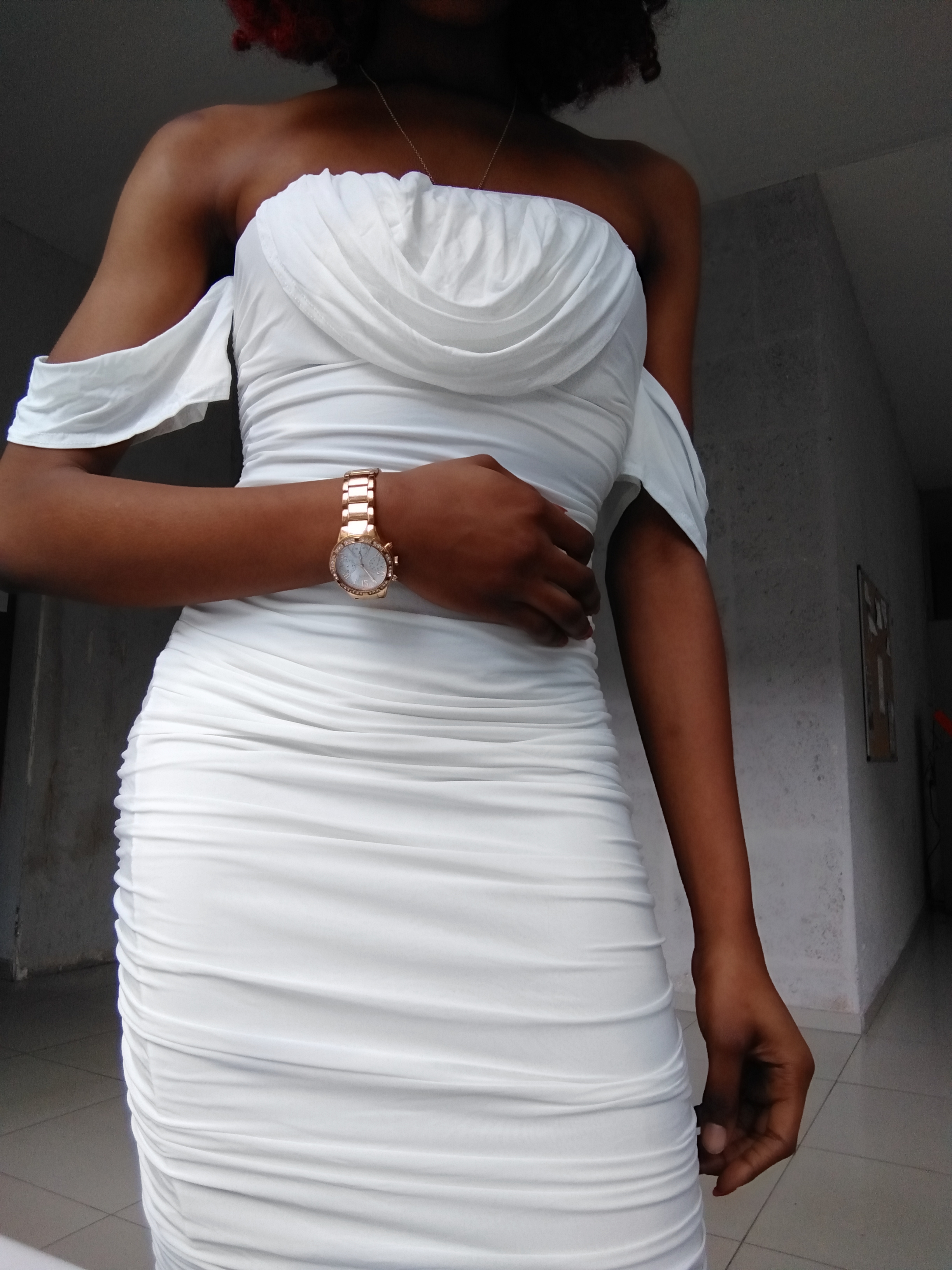 Femme luxe : White Bardot Cowl Neck Ruched Midi Dress - Malia