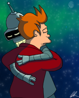 Fry y Bender abrazándose