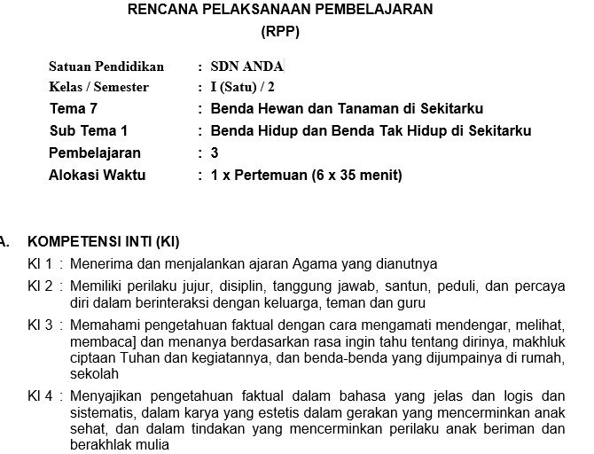 RPP Kelas 1 SD Semester 2 Kurikulum 2013 Revisi Tahun 2017 Lengkap